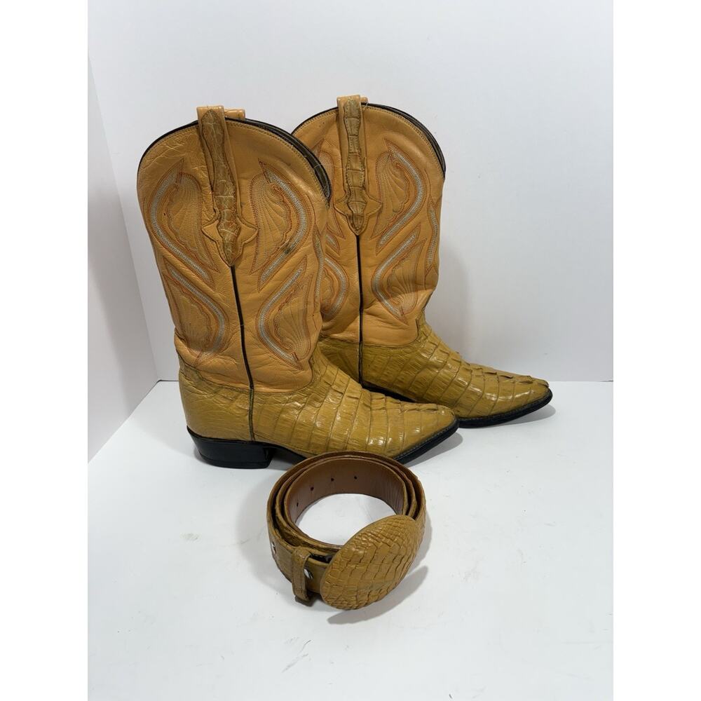 Premier BOOTS Mexico Butterscotch Alligator Cowboy Boot Sz 27 (8.5)‎ W/ Belt Men